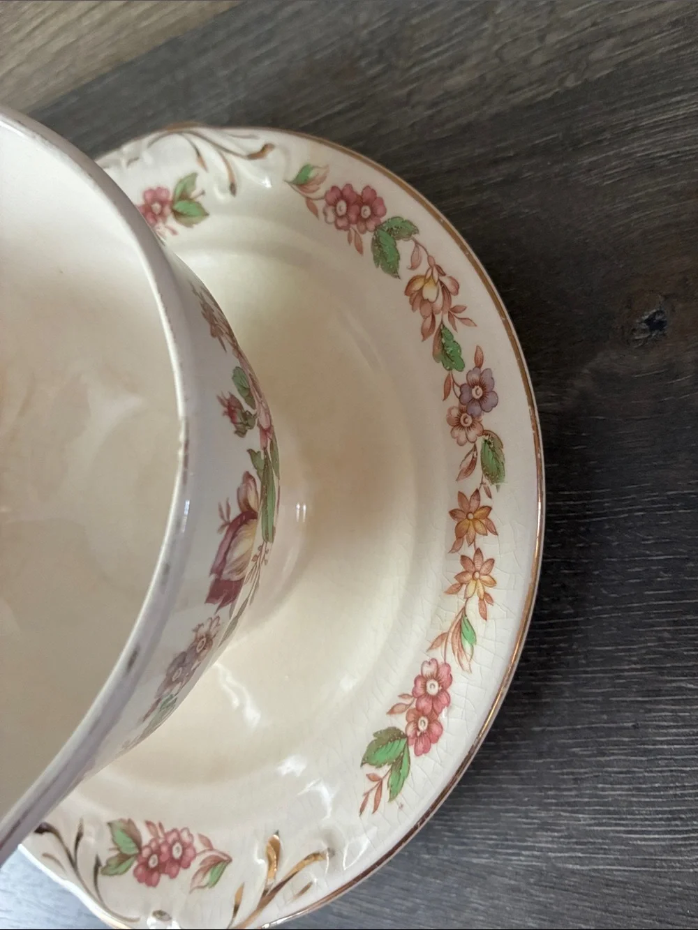 Crown Potteries Co. Floral Gravy Boat with attached Underplate Made in USA